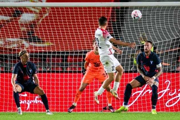 250708 Anes Rusevic of FC Iberia scores the 1 3 goal behind goalkeeper Melker Ellborg of Malmö FF during the UEFA Champions League qualifier football match between FC Iberia 1999 and Malmö FF on July 8, 2025 in Tbilisi Photo Petter Arvidson BILDBYRAN kod PA PA1053 fotboll football soccer fotball uefa champions league champions league fc iberia malmö ff bbeng kval bbauto  Copyright: PETTERxARVIDSON BB250708PA144