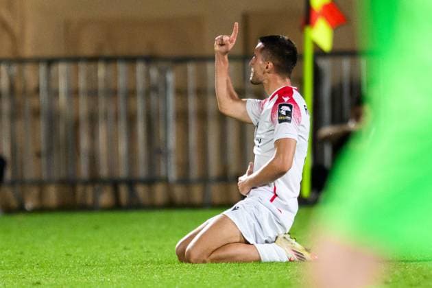 250708 Anes Rusevic of FC Iberia celebrate after 1 3 during the UEFA Champions League qualifier football match between FC Iberia 1999 and Malmö FF on July 8, 2025 in Tbilisi Photo Petter Arvidson BILDBYRAN kod PA PA1053 fotboll football soccer fotball uefa champions league champions league fc iberia malmö ff bbeng kval jubel  Copyright: PETTERxARVIDSON BB250708PA154