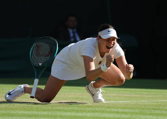 8th July 2025; All England Lawn Tennis and Croquet Club, London, England; Wimbledon Tennis Tournament, Day 9; Amanda Anisimova (USA) celebrates by falling on the court after defeating Anastasia Pavlyuchenkova (RUS) in straight sets to be booked in to the Ladies Semi Final  ActionPlus12811419 JohnxPatrickxFletcher