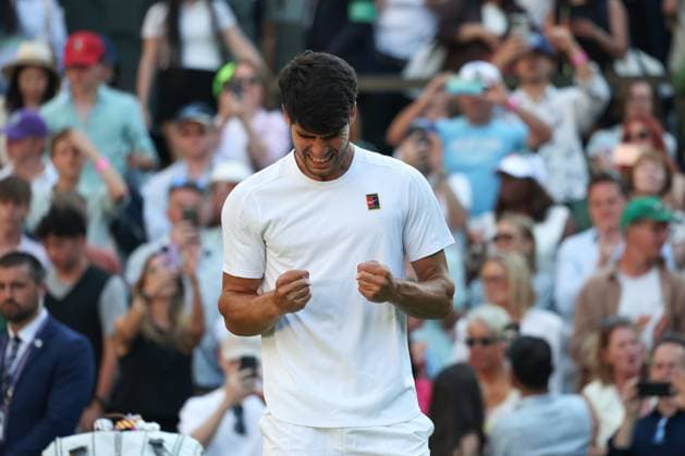 8th July 2025; All England Lawn Tennis and Croquet Club, London, England; Wimbledon Tennis Tournament, Day 9; Defending Champion Carlos Alcaraz (ESP) celebrates after defeating Cameron Norrie (GBR) to book his place in the Gentlemen& x2019;s singles Semi Final  ActionPlus12811422 JohnxPatrickxFletcher