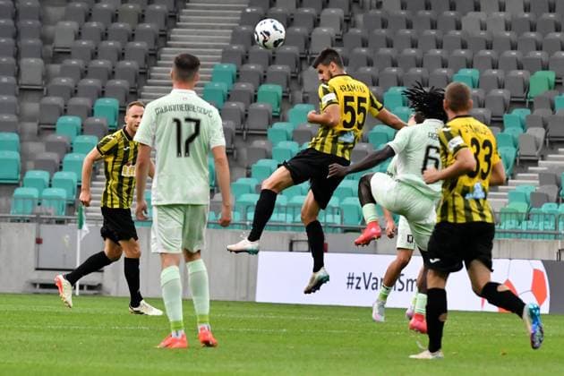 Ljubljana, Slovenia, July 8th 2025: Daulet Orynbassar of Kairat Almaty (CL) in action against Peter Agba of Olimpija Ljubljana (CR) during the UEFA Champions League, First qualifying round, 1st leg, match between Olimpija Ljubljana and Kairat Almaty at Stadium Stozice, Ljubljana, Slovenia. (Natasa Kupljenik SPP) Copyright: xNatasaxKupljenikx xSPPx spp-en-NaKuSp-NNS_3430