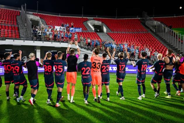 250708 Players and fans of Malmö FF celebrate after the UEFA Champions League qualifier football match between FC Iberia 1999 and Malmö FF on July 8, 2025 in Tbilisi Photo Petter Arvidson BILDBYRAN kod PA PA1053 fotboll football soccer fotball uefa champions league champions league fc iberia malmö ff bbeng kval publik jubel  Copyright: PETTERxARVIDSON BB250708PA169