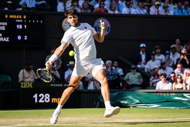 Carlos Alcaraz during his Wimbledon 2025 Men?s Quarter Final tennis match against Cameron Norrie at the All England Tennis Club in London, England (Richard Callis SPP) Copyright: xRichardxCallis SPPx spp-en-RiCa-SPP25_RiCa_08072025_22088