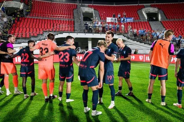 250708 Jens Stryger Larsen and Colin Rösler of Malmö FF celebrate after the UEFA Champions League qualifier football match between FC Iberia 1999 and Malmö FF on July 8, 2025 in Tbilisi Photo Petter Arvidson BILDBYRAN kod PA PA1053 fotboll football soccer fotball uefa champions league champions league fc iberia malmö ff bbeng kval bbauto jubel  Copyright: PETTERxARVIDSON BB250708PA174