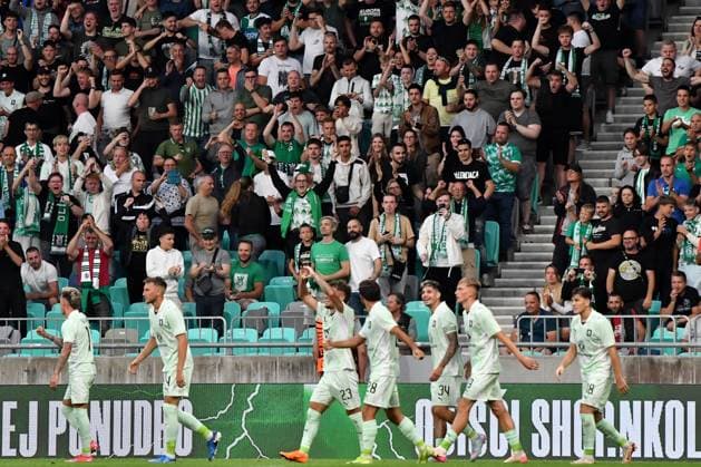 Ljubljana, Slovenia, July 8th 2025: Olimpija celebrate score during the UEFA Champions League, First qualifying round, 1st leg, match between Olimpija Ljubljana and Kairat Almaty at Stadium Stozice, Ljubljana, Slovenia. (Natasa Kupljenik SPP) Copyright: xNatasaxKupljenikx xSPPx spp-en-NaKuSp-NNS_3506