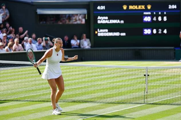 Wimbledon 2025 Day 9 Aryna Sabalenka v Laura Siegemund Wimbledon Championships 2025 Day 9, 08 07 25 Ladies’ Singles - Quarter Final Centre Court Aryna Sabalenka v Laura Siegemund Aryna Sabalenka celebrates winning in 3 sets  Copyright: xMarcxAspland ThexTimesx NINTCHDBPICT001008481895