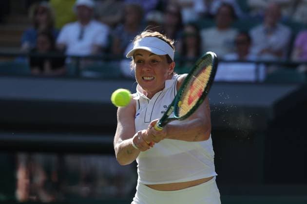 8th July 2025; All England Lawn Tennis and Croquet Club, London, England; Wimbledon Tennis Tournament, Day 9; Anastasia Pavlyuchenkova (RUS) with a backhand shot to Amanda Anisimova (USA)  ActionPlus12811464 JohnxPatrickxFletcher