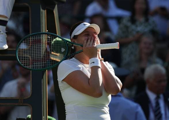 8th July 2025; All England Lawn Tennis and Croquet Club, London, England; Wimbledon Tennis Tournament, Day 9; Amanda Anisimova (USA) celebrates falling on the court after defeating Anastasia Pavlyuchenkova (RUS) in straight sets making the Ladies Semi Final  ActionPlus12811446 JohnxPatrickxFletcher