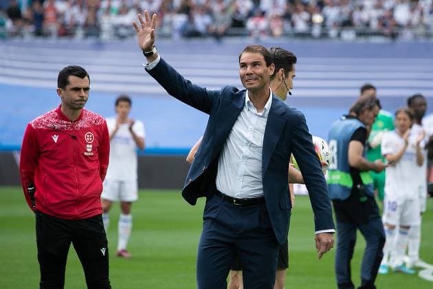 April 30, 2022, MADRID, MADRID, SPAIN: Rafael Nadal, tennis player from Spain gestures during the Spanish League, La Liga Santander, football match played between Real Madrid and RCD Espanyol at Santiago Bernabeu stadium on April 30, 2022, in Madrid, Spain. Copyright: xIrinaxR.xHipolitox