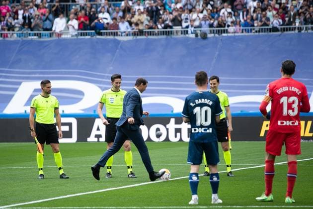 April 30, 2022, MADRID, MADRID, SPAIN: Rafael Nadal, tennis player from Spain doing .kick off during the Spanish League, La Liga Santander, football match played between Real Madrid and RCD Espanyol at Santiago Bernabeu stadium on April 30, 2022, in Madrid, Spain. Copyright: xIrinaxR.xHipolitox