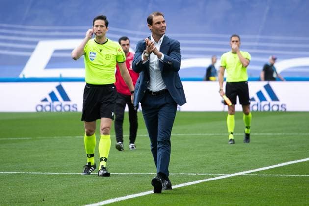 April 30, 2022, MADRID, MADRID, SPAIN: Rafael Nadal, tennis player from Spain gestures during the Spanish League, La Liga Santander, football match played between Real Madrid and RCD Espanyol at Santiago Bernabeu stadium on April 30, 2022, in Madrid, Spain. Copyright: xIrinaxR.xHipolitox