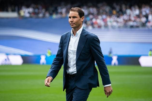April 30, 2022, MADRID, MADRID, SPAIN: Rafael Nadal, tennis player from Spain gestures during the Spanish League, La Liga Santander, football match played between Real Madrid and RCD Espanyol at Santiago Bernabeu stadium on April 30, 2022, in Madrid, Spain. Copyright: xIrinaxR.xHipolitox