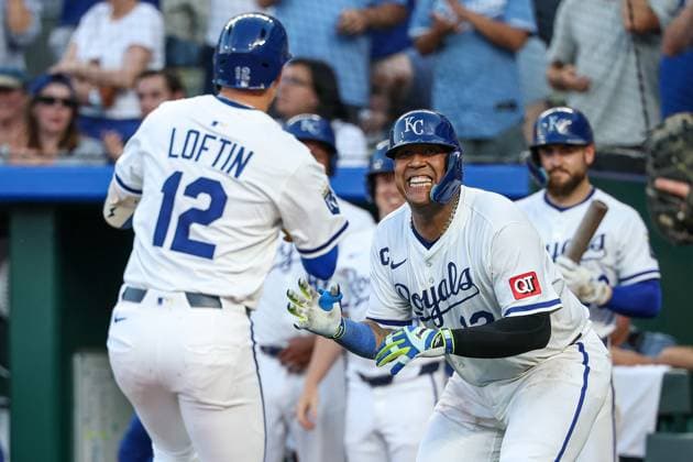 July 8, 2025: Kansas City Royals catcher Salvador Perez (13) waits to congratulate second baseman Nick Loftin (12) on Loftin s two run home run during the seventh inning against the Pittsburgh Pirates at Kauffman Stadium in Kansas City, MO. CSM Kansas City United States of America - ZUMAc04_ 20250708_zma_c04_074 Copyright: xDavidxSmithx