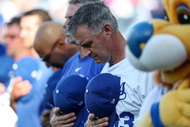 July 8, 2025: Kansas City Royals manager Matt Quatraro (33) stands during the National Anthem before a game against the Pittsburgh Pirates at Kauffman Stadium in Kansas City, MO. CSM Kansas City United States of America - ZUMAc04_ 20250708_zma_c04_081 Copyright: xDavidxSmithx