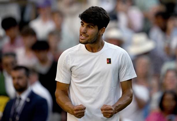(250709) -- LONDON, July 9, 2025 -- Carlos Alcaraz celebrates after the men s singles quarterfinal match between Carlos Alcaraz of Spain and Cameron Norrie of Britain at the Wimbledon Tennis Championships in London, Britain, July 8, 2025. ) (SP)BRITAIN-LONDON-TENNIS-WIMBLEDON-MEN S SINGLES LixYing 