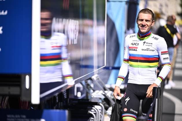 Belgian Remco Evenepoel of Soudal Quick-Step pictured at stage five of the 2025 Tour de France cycling, a 33km time trial in Caen, France on Wednesday 09 July 2025. The 112th edition of the Tour de France starts on Saturday 5 July in Lille, France, and will finish in Paris, France on the 27th of July. JASPERxJACOBS  x128750781x