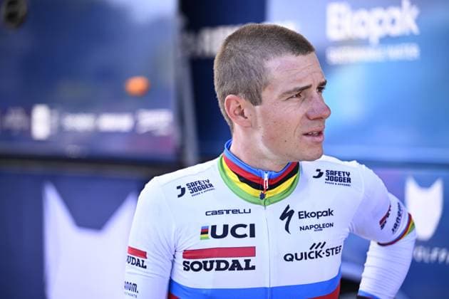 Belgian Remco Evenepoel of Soudal Quick-Step pictured at stage five of the 2025 Tour de France cycling, a 33km time trial in Caen, France on Wednesday 09 July 2025. The 112th edition of the Tour de France starts on Saturday 5 July in Lille, France, and will finish in Paris, France on the 27th of July. JASPERxJACOBS  x128750783x