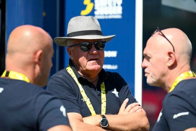 Tour de France 2025 Stage 5 CAEN, FRANCE - JULY 09 : Lefevere Patrick (BEL) former General manager of Soudal - Quick Step and Steels Tom (BEL) Ass. Sports Director of Soudal - Quick Step during stage 5 of the 112th edition of Tour de France an UCI World Tour 2.UWT Individual Time Trial stage for Men Elite of 33 km with start in Caen and finish in Caen on July 9, 2025 in Caen, France, 09 07 2025 ( Motordriver Kenny Verfaillie - Caen France  Copyright: xVincentxKalutx