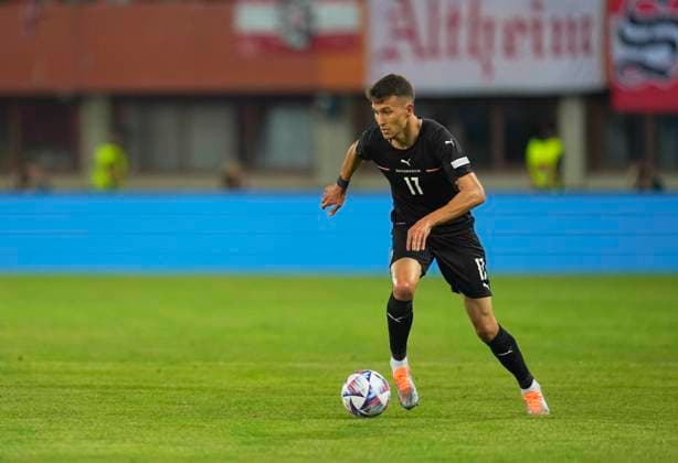June 6, 2022: Dejan Ljubicic of Austria controls the ball during Austria vs Denmark, UEFA Nations league, UEFA Nations league at Ernst-Happel Stadium, Vienna, Austria. Ulrik Pedersen CSM. Copyright: xUlrikxPedersenx