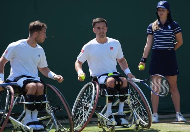 Tennis - 2025 Wimbledon Championships - Men™s Doubles Wheelchair - Quarter Final - Alfie Hewett and Gordon Reid (GBR) v Takuya Miki (Japan) and Casey Ratzlaff (USA) All England Lawn Tennis & Croquet Club - Wednesday 9th July 2025 Alfie Hewett and Gordon Reid (GBR) 