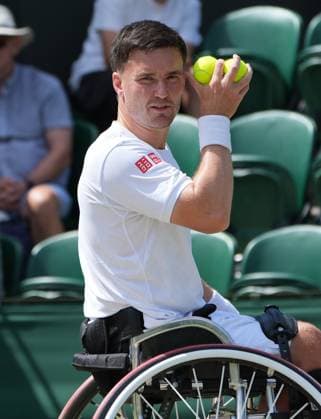 Tennis - 2025 Wimbledon Championships - Men™s Doubles Wheelchair - Quarter Final - Alfie Hewett and Gordon Reid (GBR) v Takuya Miki (Japan) and Casey Ratzlaff (USA) All England Lawn Tennis & Croquet Club - Wednesday 9th July 2025 Gordon Reid (GBR) 