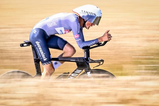 Belgian Emiel Verstrynge of Alpecin-Deceuninck pictured in action during stage five of the 2025 Tour de France cycling, a 33km time trial in Caen, France on Wednesday 09 July 2025. The 112th edition of the Tour de France starts on Saturday 5 July in Lille, France, and will finish in Paris, France on the 27th of July. JASPERxJACOBS  x128757659x