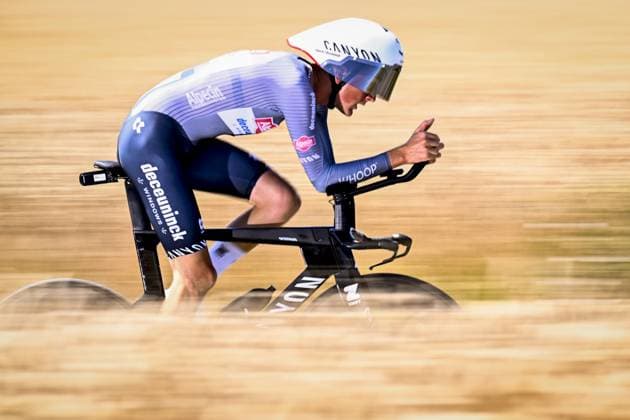 Belgian Emiel Verstrynge of Alpecin-Deceuninck pictured in action during stage five of the 2025 Tour de France cycling, a 33km time trial in Caen, France on Wednesday 09 July 2025. The 112th edition of the Tour de France starts on Saturday 5 July in Lille, France, and will finish in Paris, France on the 27th of July. JASPERxJACOBS  x128757667x