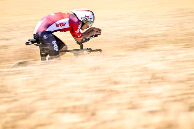 Belgian Sebastien Grignard of Lotto Cycling Team pictured in action during stage five of the 2025 Tour de France cycling, a 33km time trial in Caen, France on Wednesday 09 July 2025. The 112th edition of the Tour de France starts on Saturday 5 July in Lille, France, and will finish in Paris, France on the 27th of July. JASPERxJACOBS  x128757671x