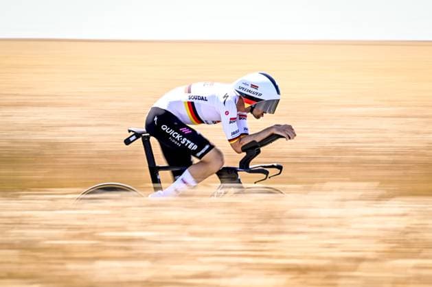 German Maximilian Max Schachmann of Soudal Quick-Step pictured in action during stage five of the 2025 Tour de France cycling, a 33km time trial in Caen, France on Wednesday 09 July 2025. The 112th edition of the Tour de France starts on Saturday 5 July in Lille, France, and will finish in Paris, France on the 27th of July. JASPERxJACOBS  x128759671x