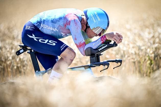 Dutch Mike Teunissen of XDS Astana Team pictured in action during stage five of the 2025 Tour de France cycling, a 33km time trial in Caen, France on Wednesday 09 July 2025. The 112th edition of the Tour de France starts on Saturday 5 July in Lille, France, and will finish in Paris, France on the 27th of July. JASPERxJACOBS  x128760076x
