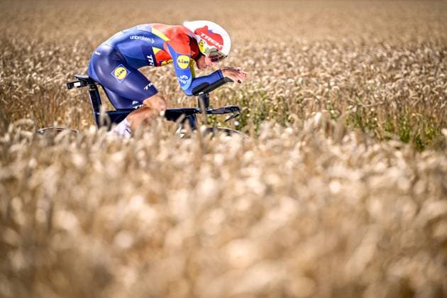 Belgian Thibau Nys of Lidl-Trek pictured in action during stage five of the 2025 Tour de France cycling, a 33km time trial in Caen, France on Wednesday 09 July 2025. The 112th edition of the Tour de France starts on Saturday 5 July in Lille, France, and will finish in Paris, France on the 27th of July. JASPERxJACOBS  x128761184x