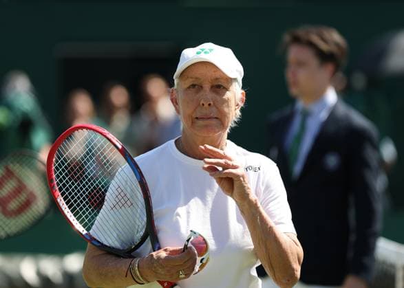 9th July 2025; All England Lawn Tennis and Croquet Club, London, England; Wimbledon Tennis Tournament, Day 10; Martina Navratilova (USA) in her mixed doubles match with partner Nenad Zimonjic (SRB) against Fabrice Santoro (FRA) and Anne Keothavong (GBR)  ActionPlus12811556 JohnxPatrickxFletcher