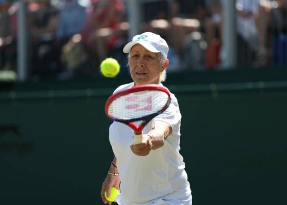 9th July 2025; All England Lawn Tennis and Croquet Club, London, England; Wimbledon Tennis Tournament, Day 10; Martina Navratilova (USA) with a forehand shot to Anne Keothavong (GBR) in her mixed doubles match  ActionPlus12811562 JohnxPatrickxFletcher