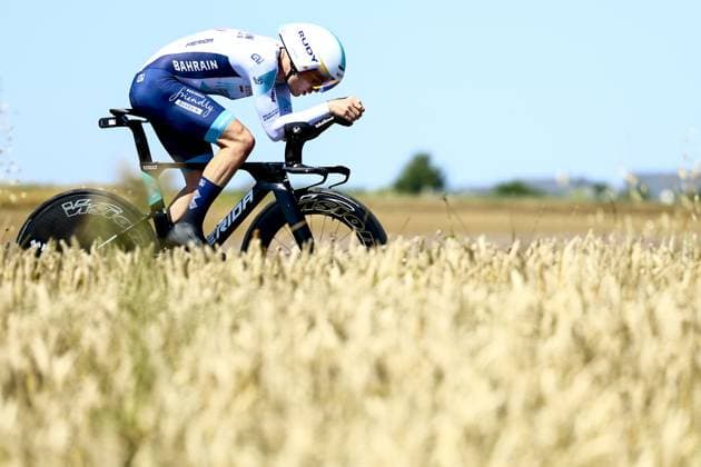 British Alfred Brockwell Wright of Bahrain Victorious pictured in action during stage five of the 2025 Tour de France cycling, a 33km time trial in Caen, France on Wednesday 09 July 2025. The 112th edition of the Tour de France starts on Saturday 5 July in Lille, France, and will finish in Paris, France on the 27th of July. DAVIDxPINTENS  x128766720x