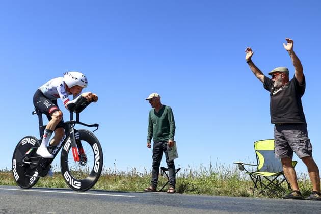 Belgian Tim Wellens of UAE Team Emirates pictured in action during stage five of the 2025 Tour de France cycling, a 33km time trial in Caen, France on Wednesday 09 July 2025. The 112th edition of the Tour de France starts on Saturday 5 July in Lille, France, and will finish in Paris, France on the 27th of July. DAVIDxPINTENS  x128767188x