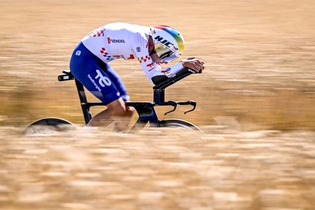 Belgian Steff Cras of TotalEnergies pictured in action during stage five of the 2025 Tour de France cycling, a 33km time trial in Caen, France on Wednesday 09 July 2025. The 112th edition of the Tour de France starts on Saturday 5 July in Lille, France, and will finish in Paris, France on the 27th of July. JASPERxJACOBS  x128768080x