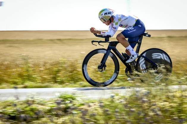 French Alexandre Delettre of TotalEnergies pictured in action during stage five of the 2025 Tour de France cycling, a 33km time trial in Caen, France on Wednesday 09 July 2025. The 112th edition of the Tour de France starts on Saturday 5 July in Lille, France, and will finish in Paris, France on the 27th of July. DAVIDxPINTENS  x128768772x