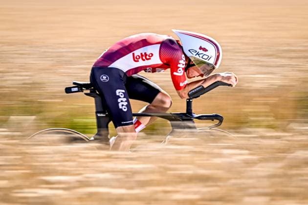 Belgian Jenno Berckmoes of Lotto Cycling Team pictured in action during stage five of the 2025 Tour de France cycling, a 33km time trial in Caen, France on Wednesday 09 July 2025. The 112th edition of the Tour de France starts on Saturday 5 July in Lille, France, and will finish in Paris, France on the 27th of July. JASPERxJACOBS  x128768836x