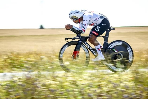 Ecuadorian Jhonatan Narvaez of UAE Team Emirates pictured in action during stage five of the 2025 Tour de France cycling, a 33km time trial in Caen, France on Wednesday 09 July 2025. The 112th edition of the Tour de France starts on Saturday 5 July in Lille, France, and will finish in Paris, France on the 27th of July. DAVIDxPINTENS  x128768859x