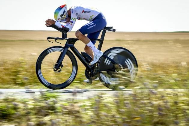 Belgian Steff Cras of TotalEnergies pictured in action during stage five of the 2025 Tour de France cycling, a 33km time trial in Caen, France on Wednesday 09 July 2025. The 112th edition of the Tour de France starts on Saturday 5 July in Lille, France, and will finish in Paris, France on the 27th of July. JASPERxJACOBS  x128769175x