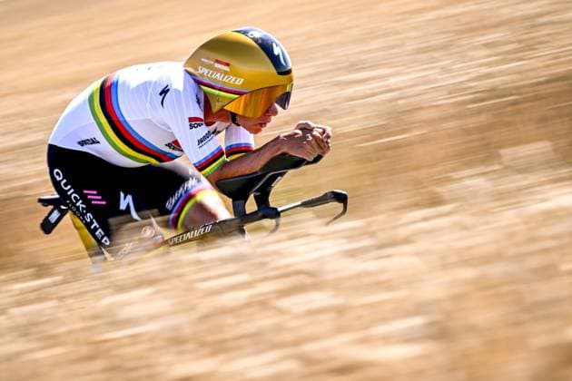Belgian Remco Evenepoel of Soudal Quick-Step pictured in action during stage five of the 2025 Tour de France cycling, a 33km time trial in Caen, France on Wednesday 09 July 2025. The 112th edition of the Tour de France starts on Saturday 5 July in Lille, France, and will finish in Paris, France on the 27th of July. JASPERxJACOBS  x128769605x