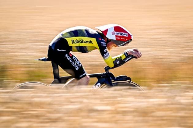 Danish Jonas Vingegaard Hansen of Team Visma-Lease a Bike pictured in action during stage five of the 2025 Tour de France cycling, a 33km time trial in Caen, France on Wednesday 09 July 2025. The 112th edition of the Tour de France starts on Saturday 5 July in Lille, France, and will finish in Paris, France on the 27th of July. JASPERxJACOBS  x128770490x