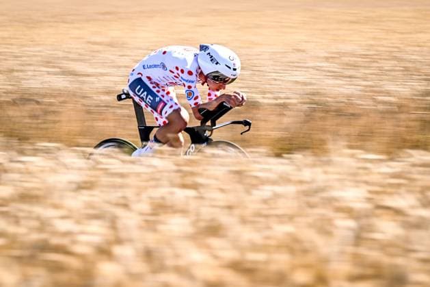 Slovenian Tadej Pogacar of UAE Team Emirates pictured in action during stage five of the 2025 Tour de France cycling, a 33km time trial in Caen, France on Wednesday 09 July 2025. The 112th edition of the Tour de France starts on Saturday 5 July in Lille, France, and will finish in Paris, France on the 27th of July. JASPERxJACOBS  x128770511x