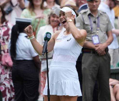 Tennis - 2025 Wimbledon Championships - Ladies singles- Quarter Final - Mirra Andreeva v Belinda Bencik All England Lawn Tennis & Croquet Club - Wednesday 9th July 2025 Belinda Bencic (SUI) celebrates in her interview after the match 
