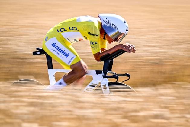 Dutch Mathieu van der Poel of Alpecin-Deceuninck pictured in action during stage five of the 2025 Tour de France cycling, a 33km time trial in Caen, France on Wednesday 09 July 2025. The 112th edition of the Tour de France starts on Saturday 5 July in Lille, France, and will finish in Paris, France on the 27th of July. JASPERxJACOBS  x128770616x
