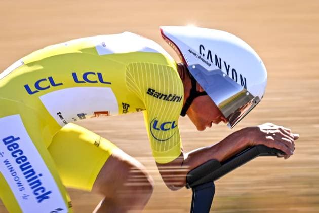 Dutch Mathieu van der Poel of Alpecin-Deceuninck pictured in action during stage five of the 2025 Tour de France cycling, a 33km time trial in Caen, France on Wednesday 09 July 2025. The 112th edition of the Tour de France starts on Saturday 5 July in Lille, France, and will finish in Paris, France on the 27th of July. JASPERxJACOBS  x128770884x