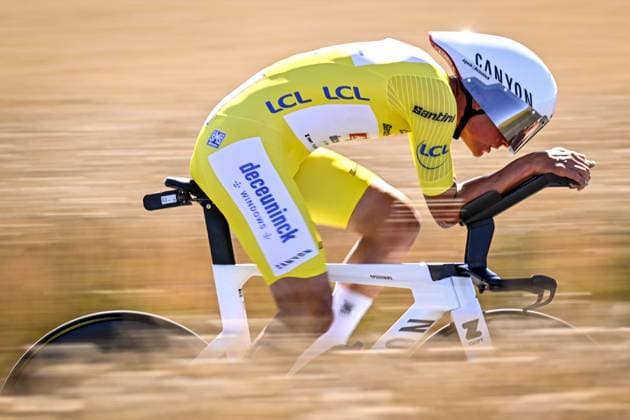 Dutch Mathieu van der Poel of Alpecin-Deceuninck pictured in action during stage five of the 2025 Tour de France cycling, a 33km time trial in Caen, France on Wednesday 09 July 2025. The 112th edition of the Tour de France starts on Saturday 5 July in Lille, France, and will finish in Paris, France on the 27th of July. JASPERxJACOBS  x128770977x