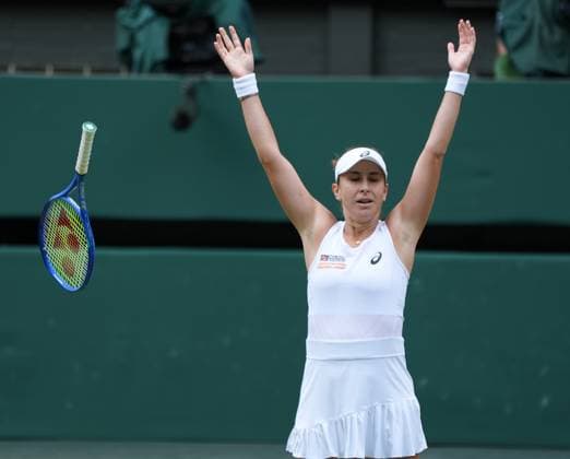Tennis - 2025 Wimbledon Championships - Ladies singles- Quarter Final - Mirra Andreeva v Belinda Bencik All England Lawn Tennis & Croquet Club - Wednesday 9th July 2025 Belinda Bencic (SUI) celebrates winning match point 