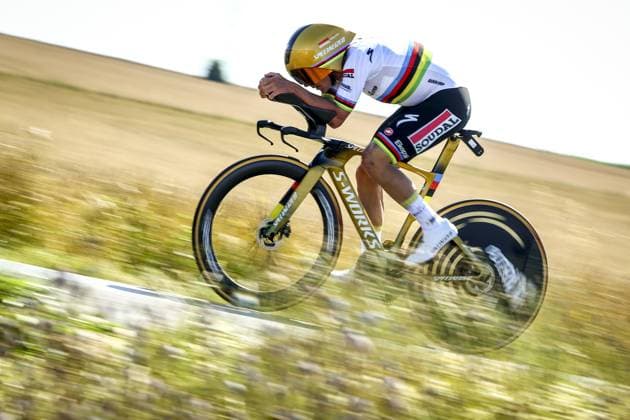 Belgian Remco Evenepoel of Soudal Quick-Step pictured in action during stage five of the 2025 Tour de France cycling, a 33km time trial in Caen, France on Wednesday 09 July 2025. The 112th edition of the Tour de France starts on Saturday 5 July in Lille, France, and will finish in Paris, France on the 27th of July. DAVIDxPINTENS  x128771752x