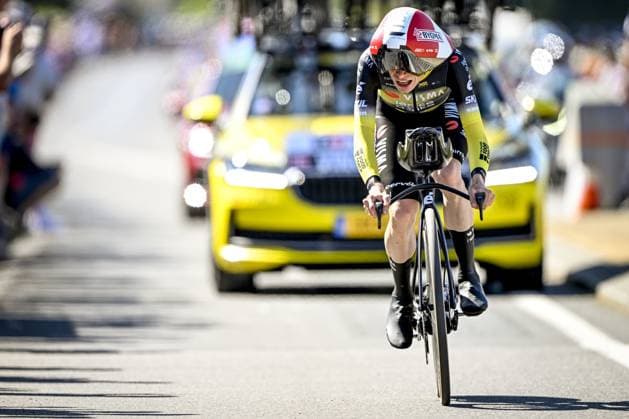 Danish Jonas Vingegaard Hansen of Team Visma-Lease a Bike pictured in action during stage five of the 2025 Tour de France cycling, a 33km time trial in Caen, France on Wednesday 09 July 2025. The 112th edition of the Tour de France starts on Saturday 5 July in Lille, France, and will finish in Paris, France on the 27th of July. JASPERxJACOBS  x128772461x